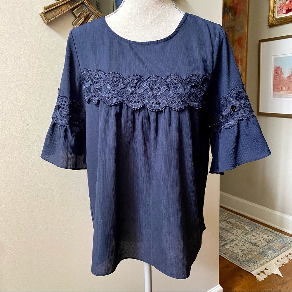 JOY JOY Navy Ruffle Lace Top